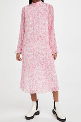 Robe mi-longue plissée à col montant et manches longues, effet tie-dye - Rose